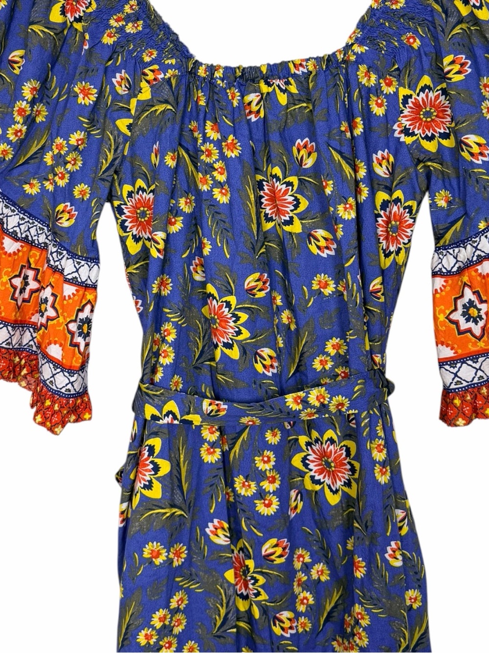 Joie Chloris Baja Blue Cotton Floral Mini Dress L Off Shoulder Boho - Picture 6 of 12